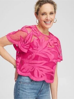 Chico's Pink Bromeliad eyelet scallop hem  top  with shell  sz 2.5